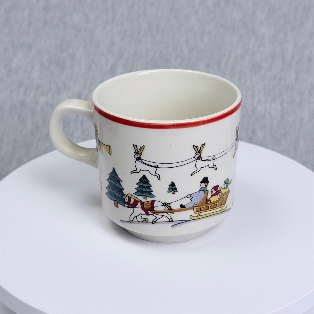 Vintage 1987 Jamestown China The Joy of Christmas Mug Sleigh Reindeer M04